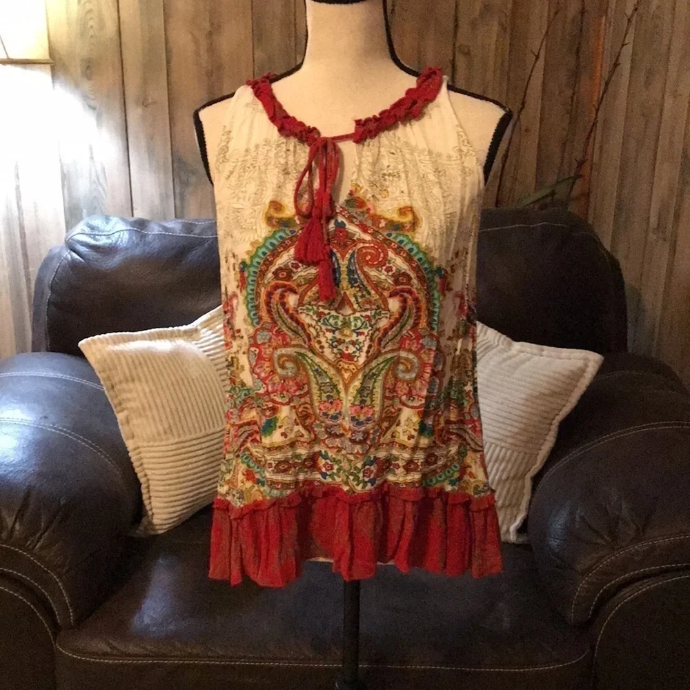 Bila Bohemian Tank Large Paisley Ruffles Scoop Neck Colorful Women's Sleeveless